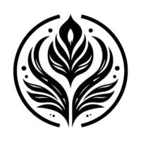 Symmetrical, stylized black botanical emblem within a circle, featuring a central floral element and elegant, curving leaves, accented by small dot details. vector