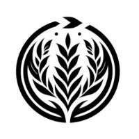 A symmetrical black and white circular emblem featuring a stylized of intertwined leaves and arrowlike shapes, resembling avian figures. vector
