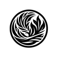 Intricate Black and White Circular A stylized bird with flowing feathers and leaves within a round frame, evoking serenity and artistic simplicity. vector