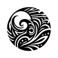 Circular Black and White Tribal A stylized depiction of wave patterns, spirals, and linear elements within a round frame, evoking flow and energy. vector