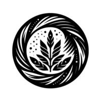 Circular Black and White Botanical Stylized Leafy Branch Surrounded by a Swirling Pattern and Decorative Dots. vector