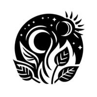 Celestial Fusion A monochrome emblem depicting the cycle of nature, with the sun, moon, stars, and leaves intertwined in a circle. vector