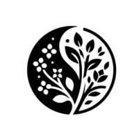 Black and White Yin Yang Symbol Illustrating Natures Balance with Flowering Branches and Leafy Stems, Minimalist . vector