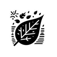Bold black and white botanical illustration featuring a stylized leaf with intricate veins, surrounding smaller leaves, and a sunlike element, set against a backdrop of textured lines, all elements i vector