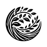 Elegant Circular Black Leaves and Flowing Lines Create a Harmonious, Abstract Botanical Emblem on White. vector