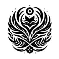 A symmetrical black and white circular featuring a stylized foxlike face at the center, surrounded by organic and geometric shapes resembling leaves, wings, and celestial elements. vector