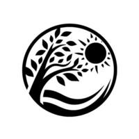 Symbolic Black and White Circular Emblem featuring a Tree with Leaves, a Sun, and Waves, suggesting nature and harmony. vector