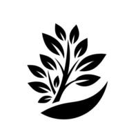 Stylized Black and White Tree Symbol A symmetrical featuring a leafy tree held within a curved shape, representing growth and nature. vector