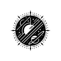 Intricate black and white celestial compass featuring planets, stars, and abstract linear elements, evoking space and navigation. vector