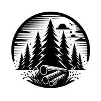 A striking black and white silhouette of a forest scene inside a circle, featuring pine trees, felled logs, clouds, and birds, evoking a sense of nature and the interplay of life and industry. vector