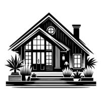 Minimalist Black and White Illustration of a Cozy Cottage with Large Windows, Chimney, and Garden Plants, evoking a sense of serenity. vector