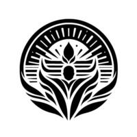 Symbolic monochrome circular emblem showcasing a stylized figure within a radiating sunburst , flanked by symmetrical leaflike elements. vector