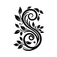 Elegant Black and White Floral Scroll with Leafy Embellishments, Creating a Graceful and Decorative Composition Against a White Background. vector
