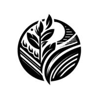 A stylized black and white illustration of a leafy plant, abstractly contained within a circular frame, with curved and linear elements suggesting a landscape. vector