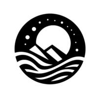 A black and white minimalist circular depicting a mountain scene with the sun and waves, in a stylized geometric form. vector