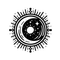 Celestial Emblem Black and white illustration of a stylized crescent moon enveloping a radiant sun, surrounded by a starry night sky within a circular frame with raylike extensions and decorative em vector