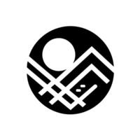 Abstract black and white geometric featuring stylized mountain peaks, a sunmoon, and intersecting lines within a circular frame. vector