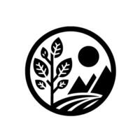 A minimalist, circular featuring a stylized tree, mountains, sun, and fields, conveying natures tranquility and harmony in a striking black and white . vector