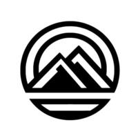 Minimalist black and white featuring a stylized mountain range encompassed within a circle, evoking concepts of adventure and exploration. vector