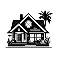 A stylized black and white illustration of a house, showcasing modern with elements like a cross window, palm tree, and lush landscaping. vector