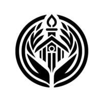 Black White Emblem A stylized house with a flame on top, embraced by hands and encircled by leaves and a ring. vector