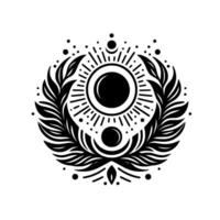 Celestial Emblem A symmetrical black and white illustration featuring the sun, moon phases, rays, leaves, and dots, creating a mystical aura. vector