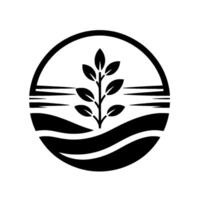 Abstract monochrome emblem featuring a stylized plant growing in a field within a circular frame, symbolizing growth. vector