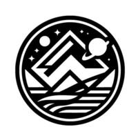 Abstract Monochrome Mountainous Landscape with Planet, Stars, and Water Elements Inside a Circular Frame, Evoking Exploration. vector