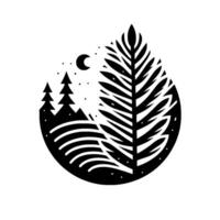 Monochromatic Nature Scene Leaflike Composition with Fir Trees, Crescent Moon, and Serene Landscape in Circular Frame vector