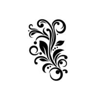 A symmetrical, swirling black floral featuring stylized leaves, curls, and dots against a stark white background, offering a minimalist aesthetic. vector