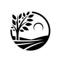 A minimalist black and white featuring a tree with leaves, rolling hills, a crescent moon, and farmland, enclosed in a circular frame. vector