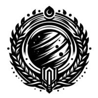 Abstract black and white emblem with a stylized planet surrounded by a laurel wreath, crescent, and geometric patterns, evoking a sense of cosmic unity. vector