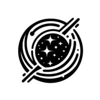 A stylized black and white illustration featuring concentric circular shapes and linear elements surrounding a central sphere filled with starlike sparkles. vector