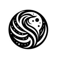 Intricate black and white circular featuring swirling, flowing patterns and dotted accents, evoking a sense of balance and motion, reminiscent of celestial bodies. vector