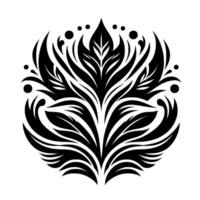 Symmetrical Black and White Floral A stylized, symmetrical floral pattern featuring layered leaves, curling elements, and dotted accents, rendered in bold black against a pristine white backdr vector