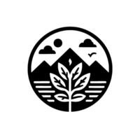 A minimalist black and white circular emblem portraying a serene landscape with mountains, sun, clouds, bird, and a central stylized tree, symbolizing natures harmony. vector