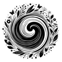 A swirling vortex of dark organic lines and natural elements, framed by a delicate botanical border of leaves, flowers, and butterflies, creating a harmonious, stylized composition. vector