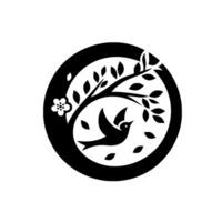 A serene black and white emblem featuring a stylized bird in flight within a circular frame with leaves, flower, and branches, evoking nature. vector