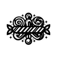 Intricate black and white symmetrical featuring stylized candy and decorative swirl elements, resembling a whimsical or emblem. vector