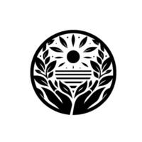 A serene, circular black and white illustration symbolizing unity, featuring hands cradling a sun setting behind layered lines and leaf embellishments. vector
