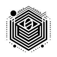 Geometric Black and White Composition A Hexagonal Structure Featuring a Central Oval Detail Within Layered Linear Forms and Circular Accents on a White Background. vector