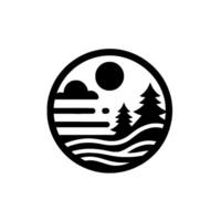 A minimalist black and white circular featuring a serene landscape trees, water, sun, and clouds. vector