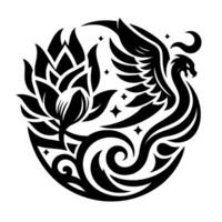 A symmetrical, black and white stylized illustration of a mythical phoenix rising, intertwined with a lotus flower, stars and swirling elements, all contained within a circular frame. vector
