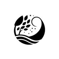 A minimalist black and white featuring a tree, waves, and an abstract curved element inside a circular frame, suggesting nature. vector