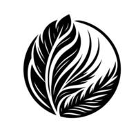 A minimalist black and white botanical illustration depicting stylized leaves and featherlike forms enclosed within a circular frame. vector