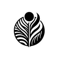Abstract Black and White Botanical Illustration Symmetrical Leaf within a Circle, Sunlike Orb Above vector