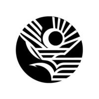 A stylized, circular black and white representing a sunset over a stylized seascape with a minimalist, geometric and abstract floral elements. vector