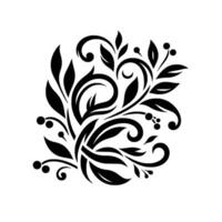Ornate, elegant black and white floral featuring stylized leaves, berries, and swirling flourishes on a clean white background, creating a classic, timeless pattern. vector