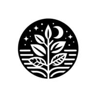 Serene Nightscape A stylized plant, embraced within a black circle, featuring a moon, stars, and horizontal lines suggesting a tranquil landscape or water. vector
