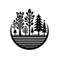 A stylized black and white illustration within a circle depicts a serene forest scene, featuring various trees, grass, and layers, creating a peaceful minimalist aesthetic. vector